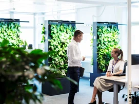 Ilmanpuhdistin, viherseinät ja kaksi työntekijää toimistossa